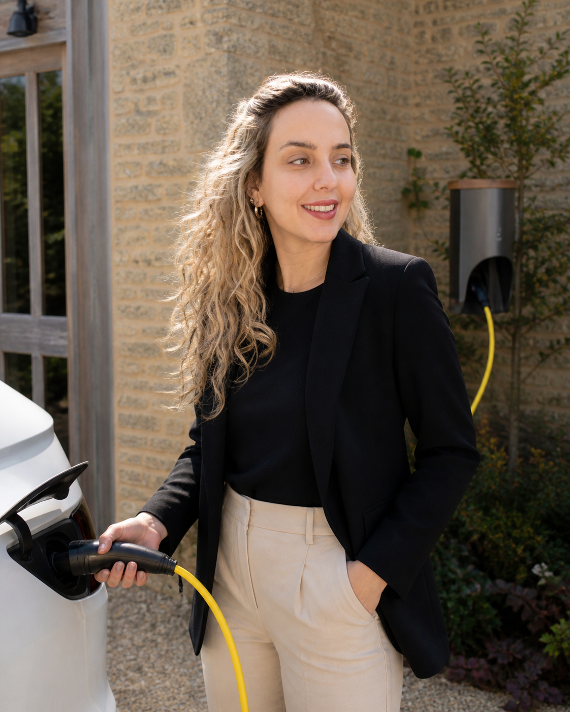 Woman charging an electric car outdoors with a brick building in the background