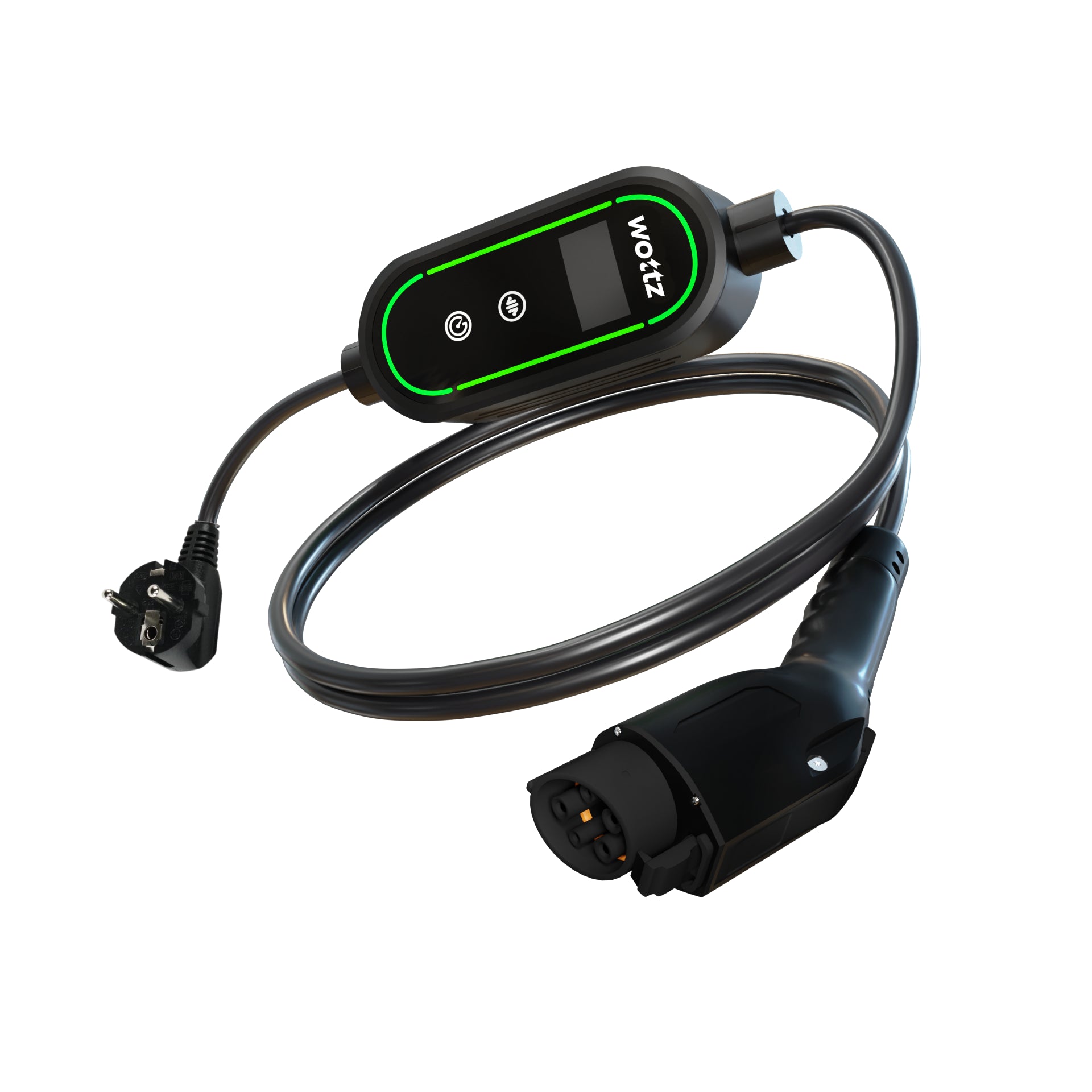 Wottz Type 1 portable EV charger with Schuko 0-5m front view in black
