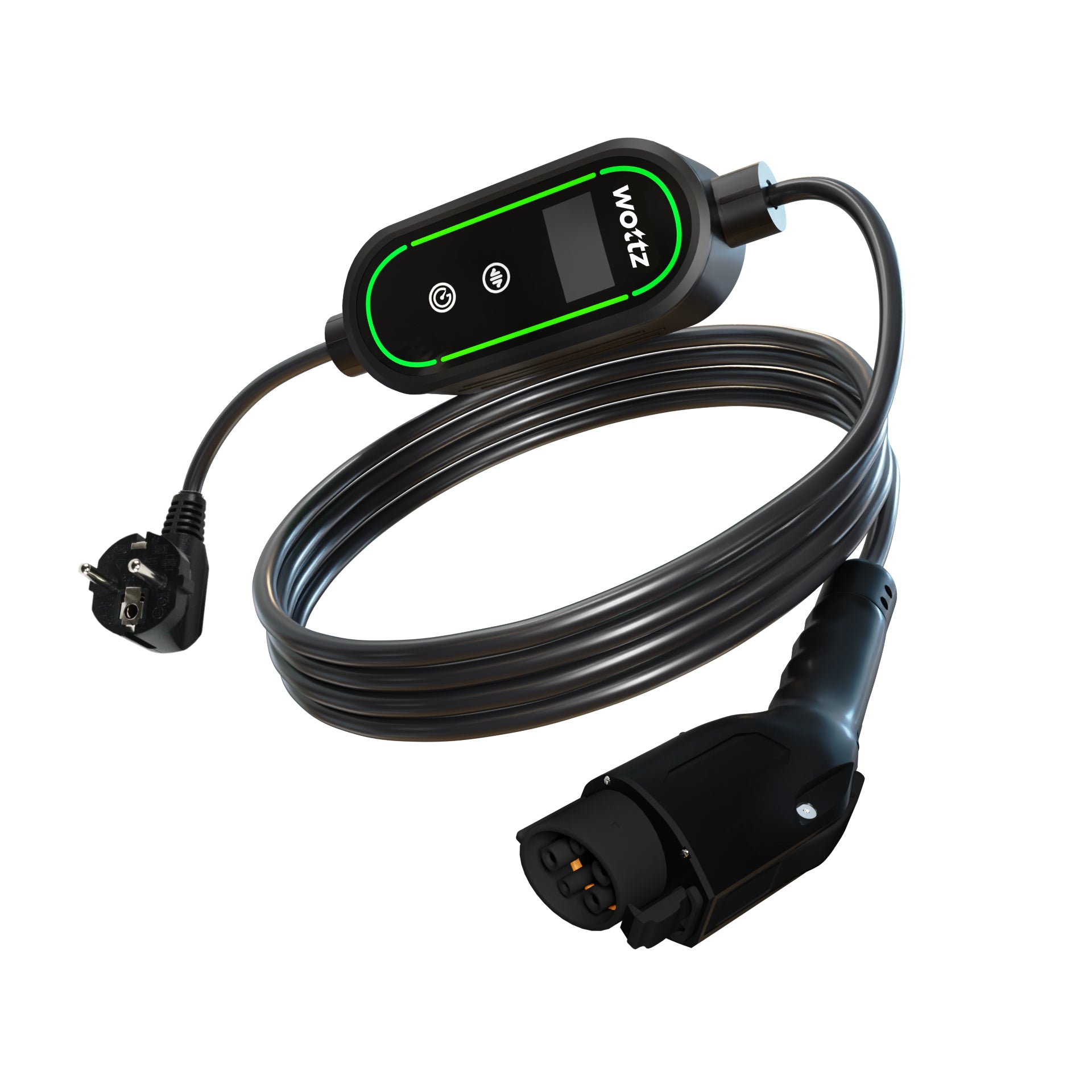 Wottz Type 1 portable EV charger with Schuko 7.5-12.5m front view in black
