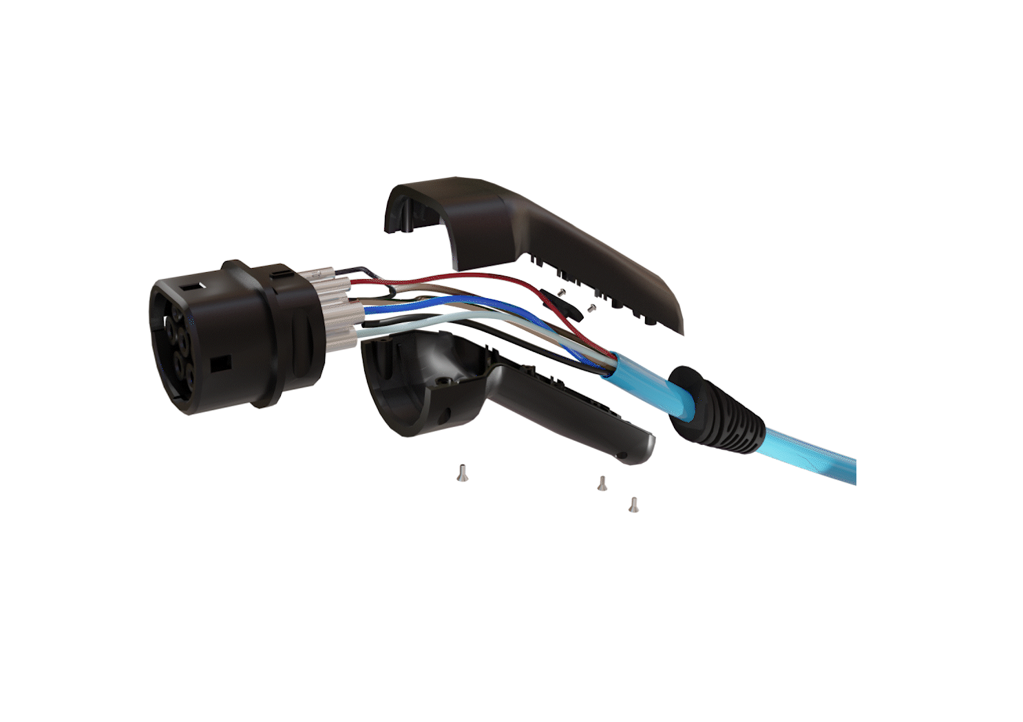 3D exploded view of a Type 2 EV charging connector showing internal wiring and housing components