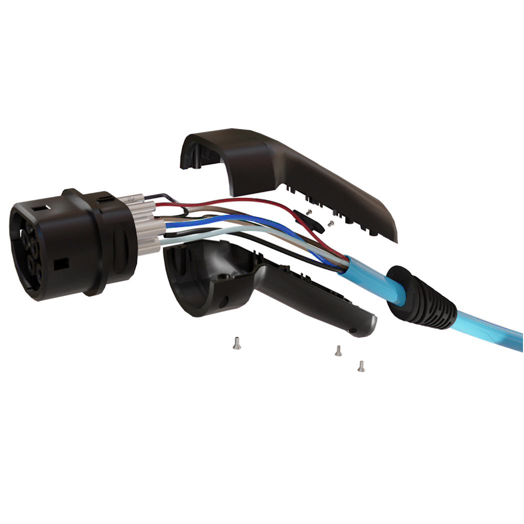 3D exploded view of a Type 2 EV charging connector showing internal wiring and housing assembly