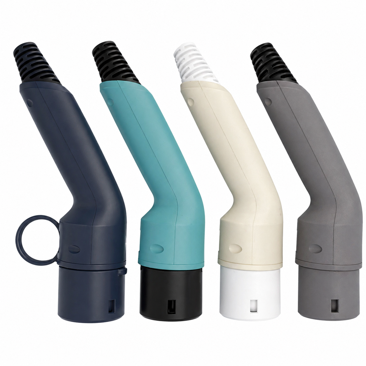 Four Wottz Type 2 EV charging plug handles in navy, teal, cream, and grey colour options