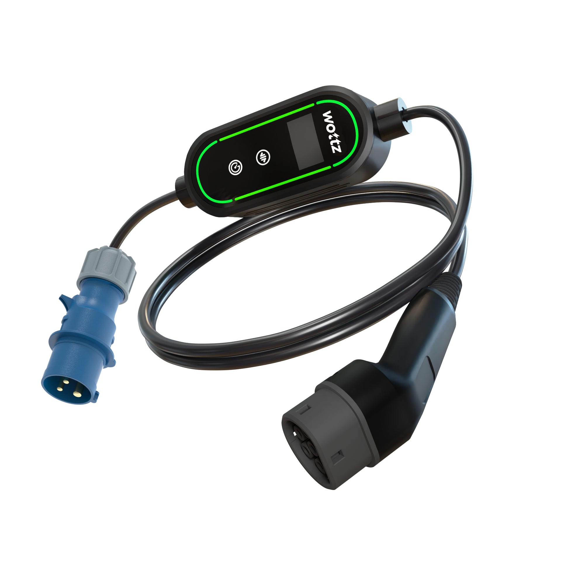 Wottz Type 2 portable EV charger with CEE 32A 0-5m front view in black