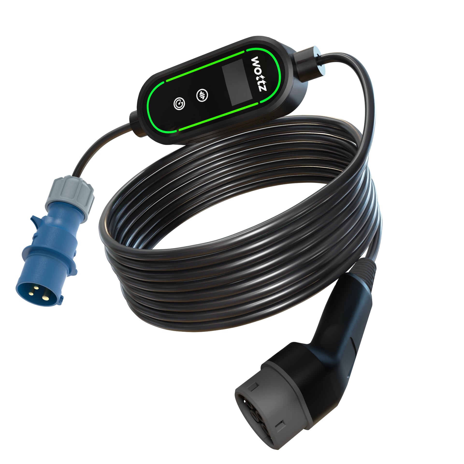 Wottz Type 2 portable EV charger with CEE 32A 15-30m front view in black