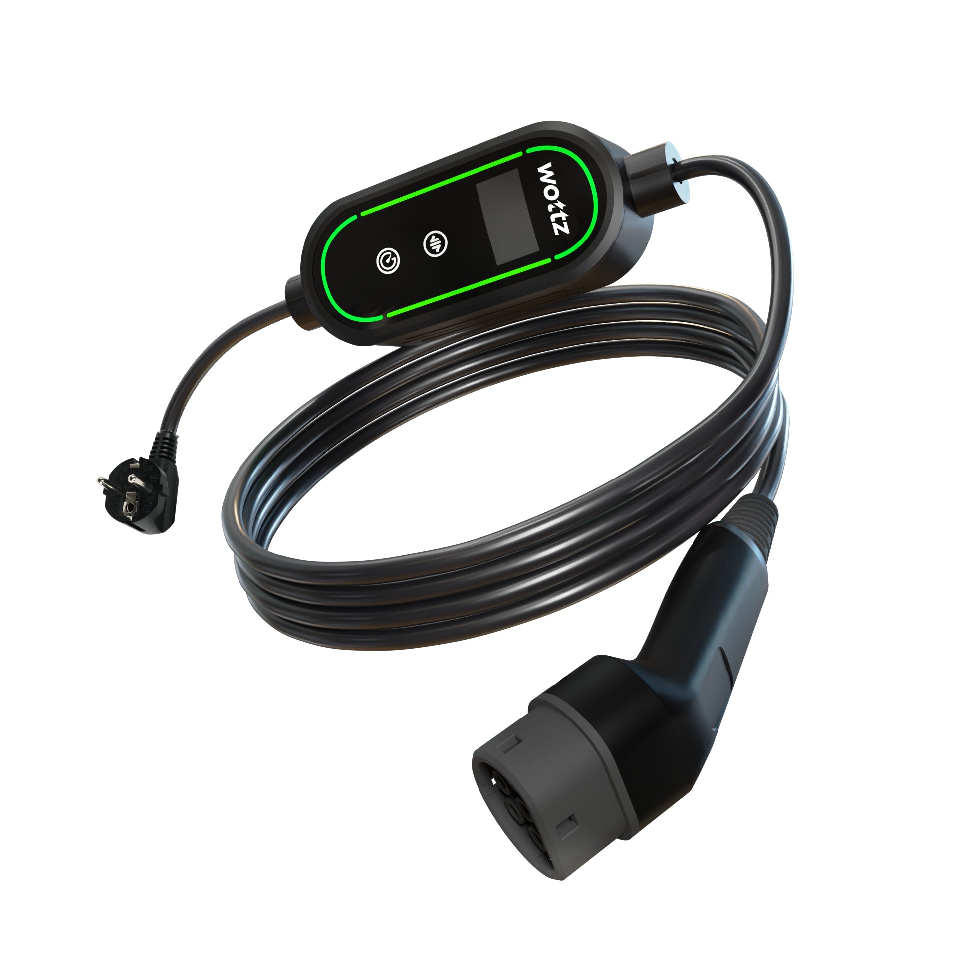 Wottz Type 2 portable EV charger with Schuko 7.5-12.5m front view in black