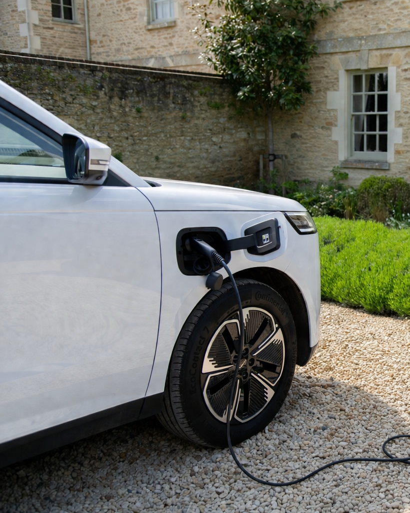 White Jaecoo SUV powering a laptop on a garden table via a Wottz V2L cable at a Cotswolds cottage