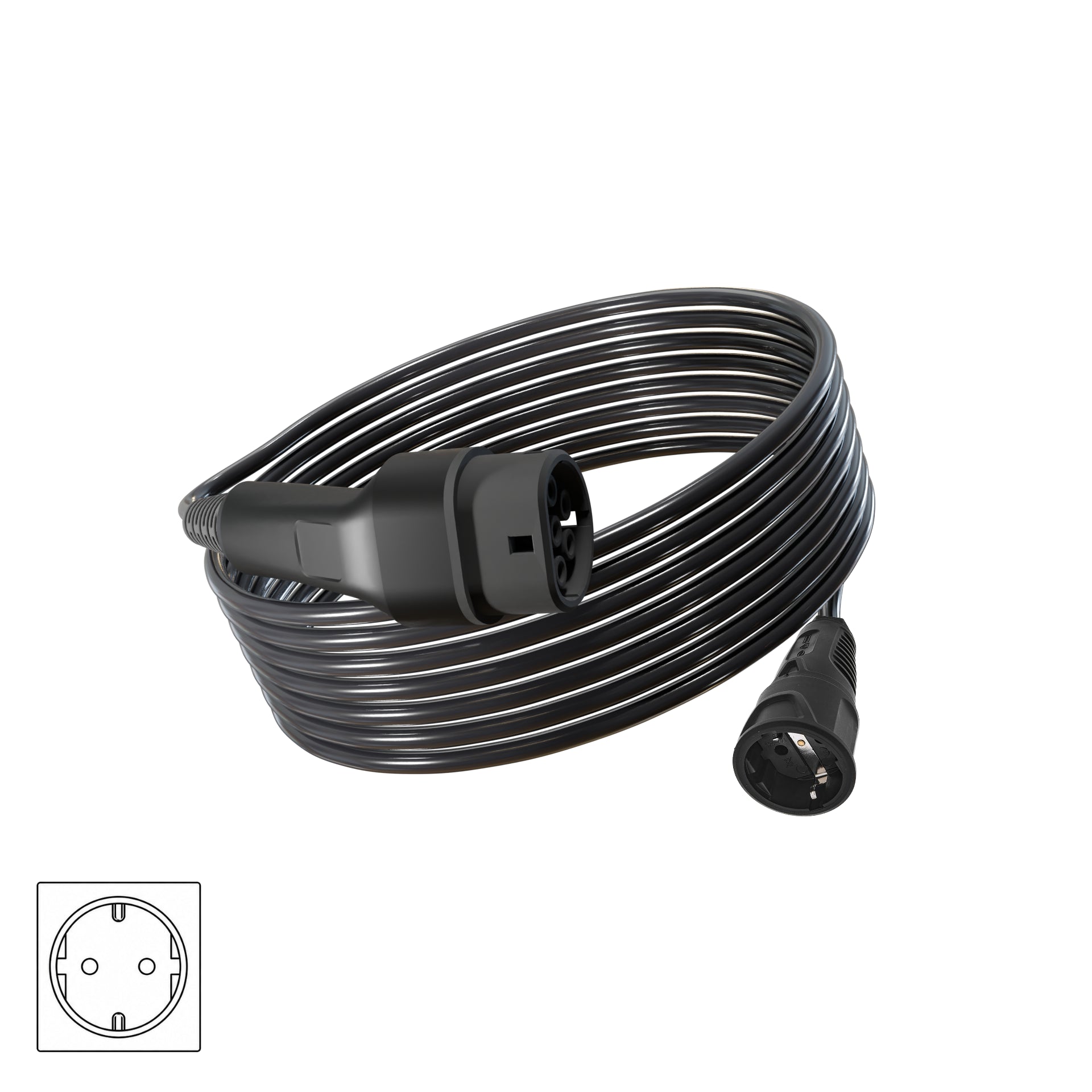 Wottz V2L vehicle to load discharge cable with Schuko 7.5-15m front view in black