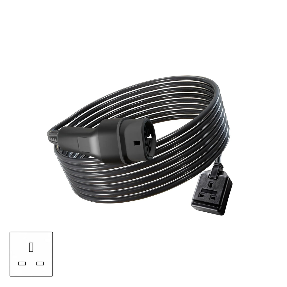 Wottz V2L vehicle to load discharge cable with UK single socket 7.5-15m front view in black