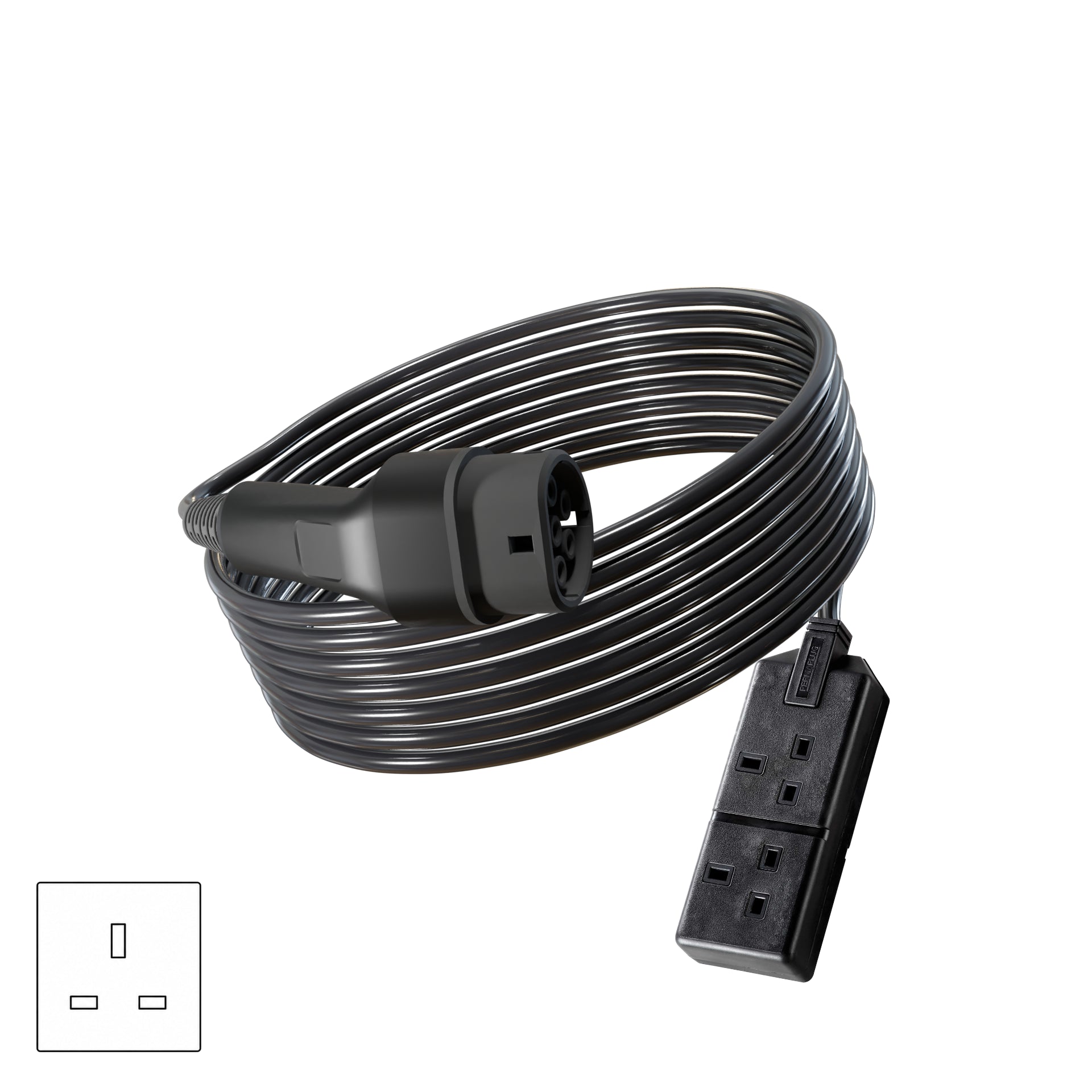 Wottz V2L vehicle to load discharge cable with UK double socket 7.5-15m front view in black