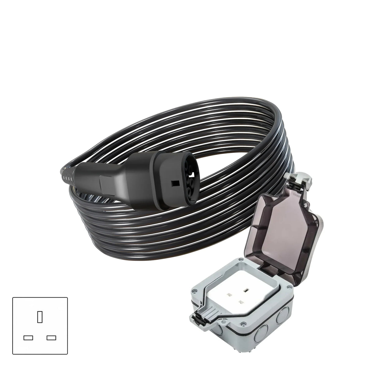 Wottz V2L vehicle to load discharge cable with weatherproof single socket 7.5-15m front view in black