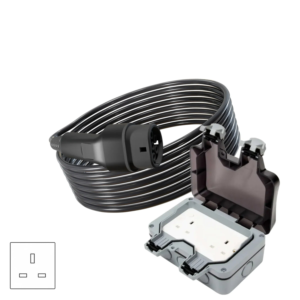Wottz V2L vehicle to load discharge cable with weatherproof double socket 7.5-15m front view in black