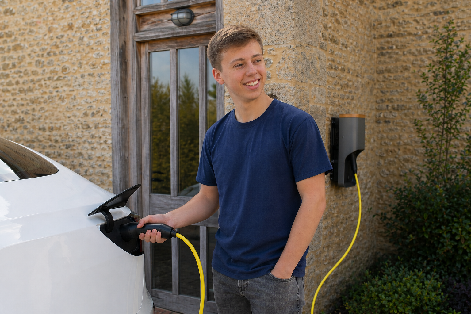 Portrait of Dan from the Wottz team smiling in a grey sweater outside a Cotswolds stone building