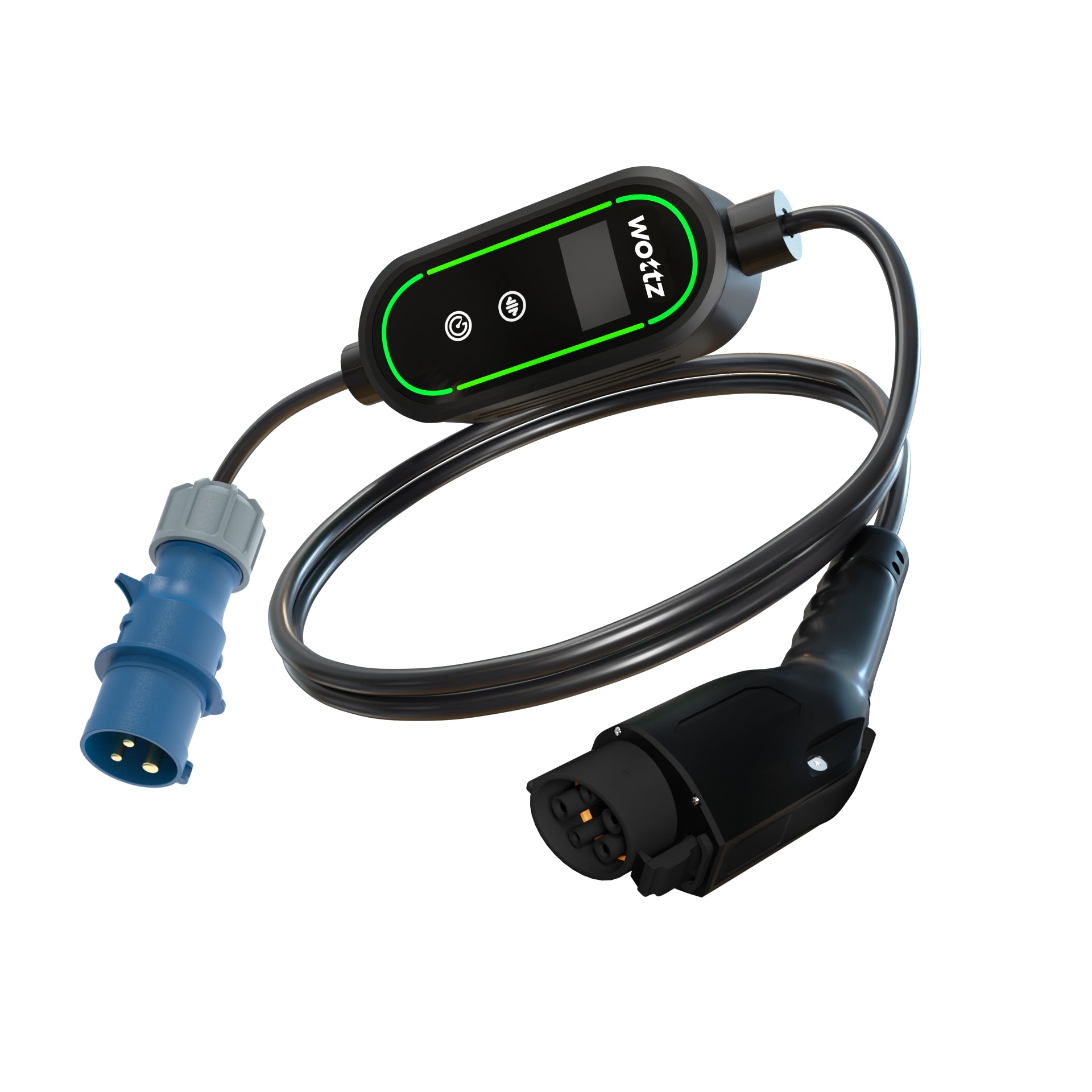Wottz Type 1 portable EV charger with CEE 32A 0-5m front view in black