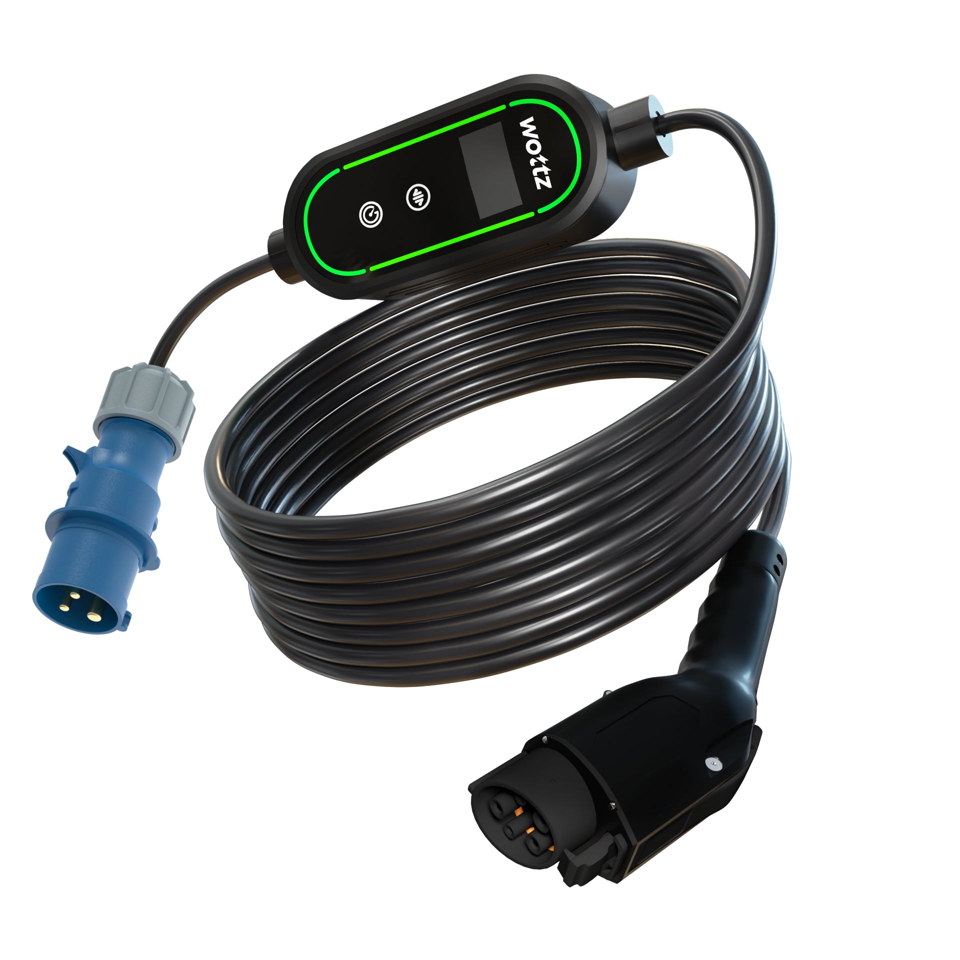 Wottz Type 1 portable EV charger with CEE 32A 15-30m front view in black