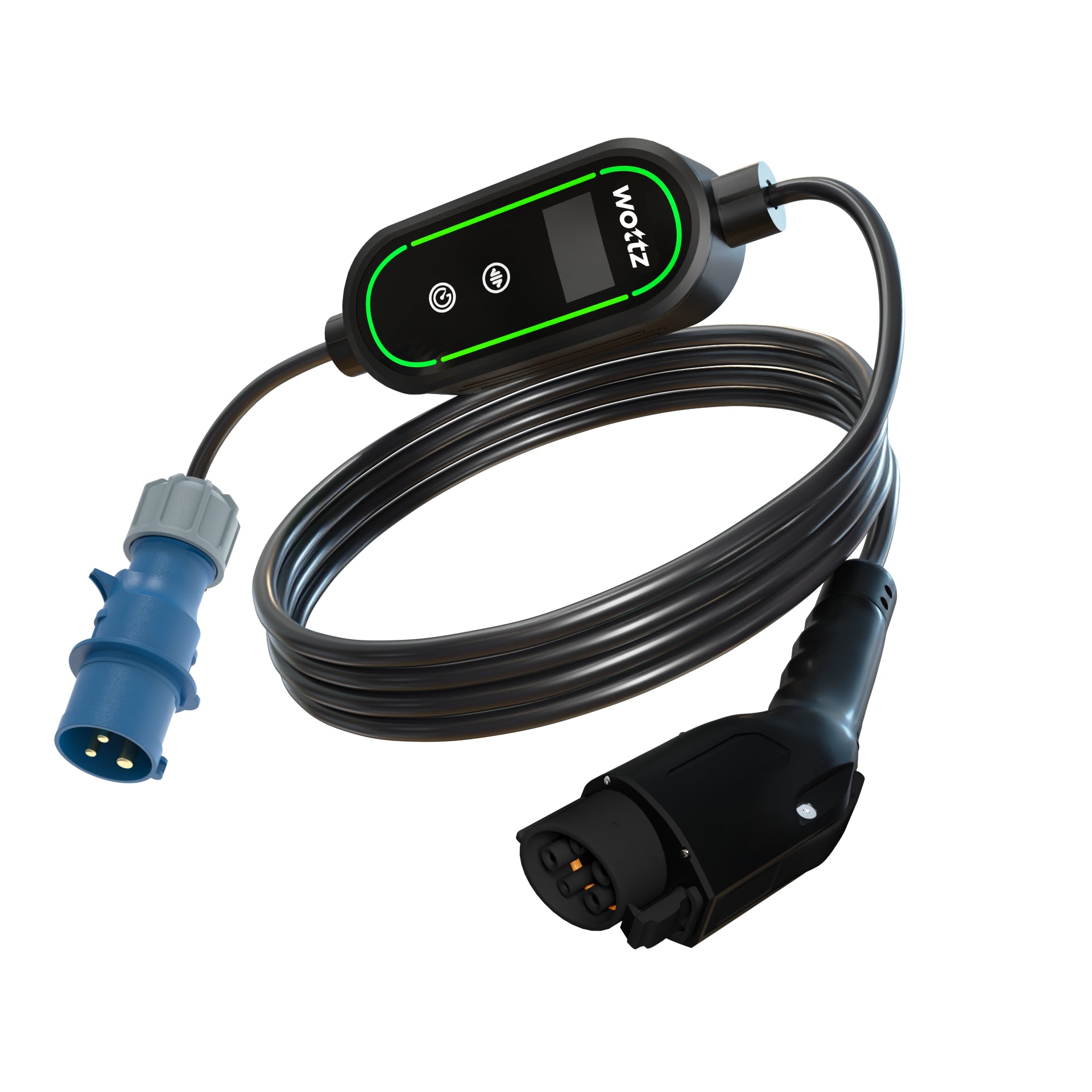 Wottz Type 1 portable EV charger with CEE 32A 7.5-12.5m front view in black