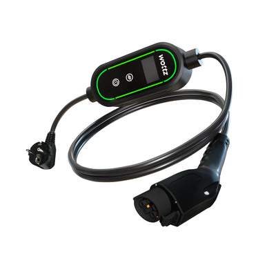 Wottz Type 1 portable EV charger with Schuko 0-5m front view in black