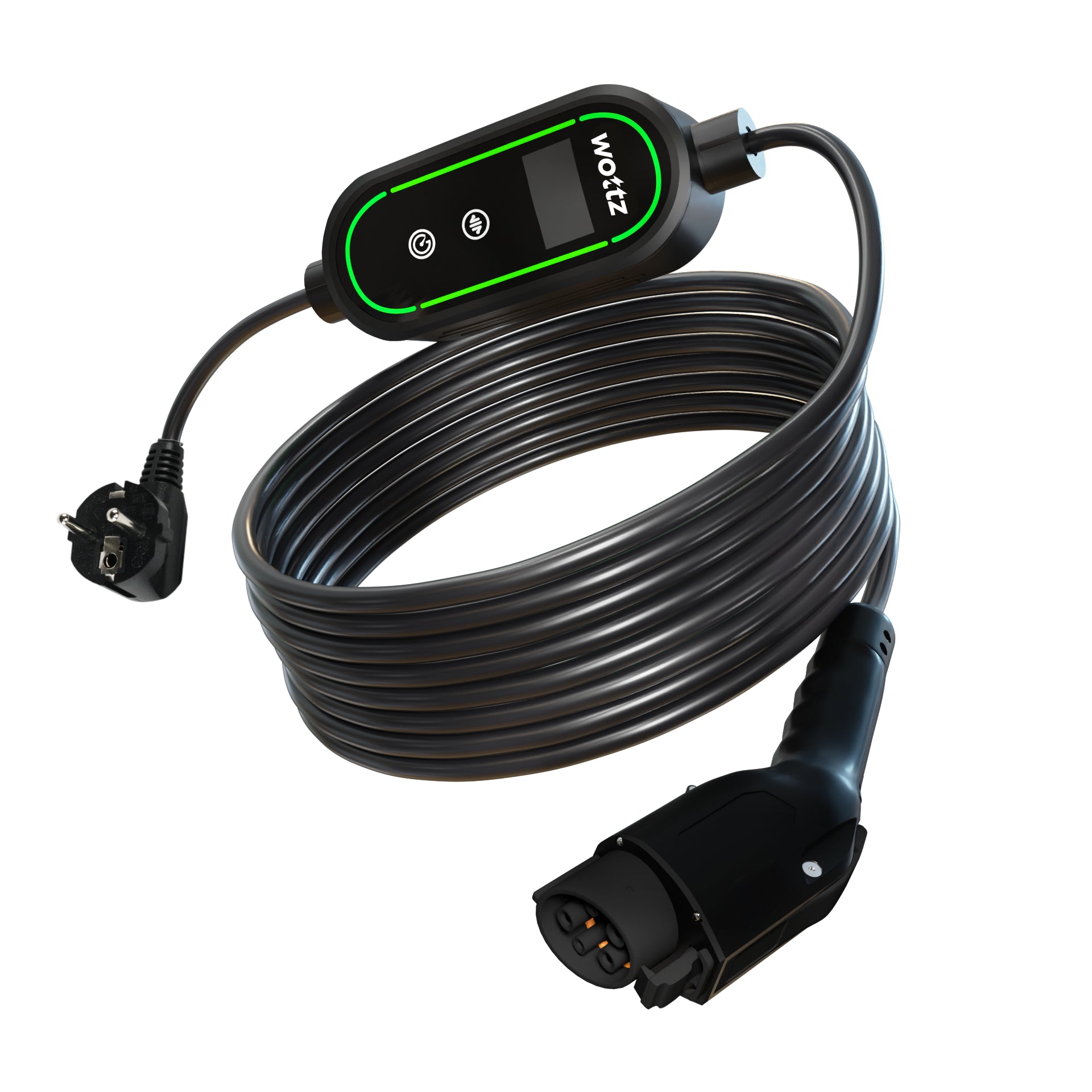 Wottz Type 1 portable EV charger with Schuko 15-30m front view in black