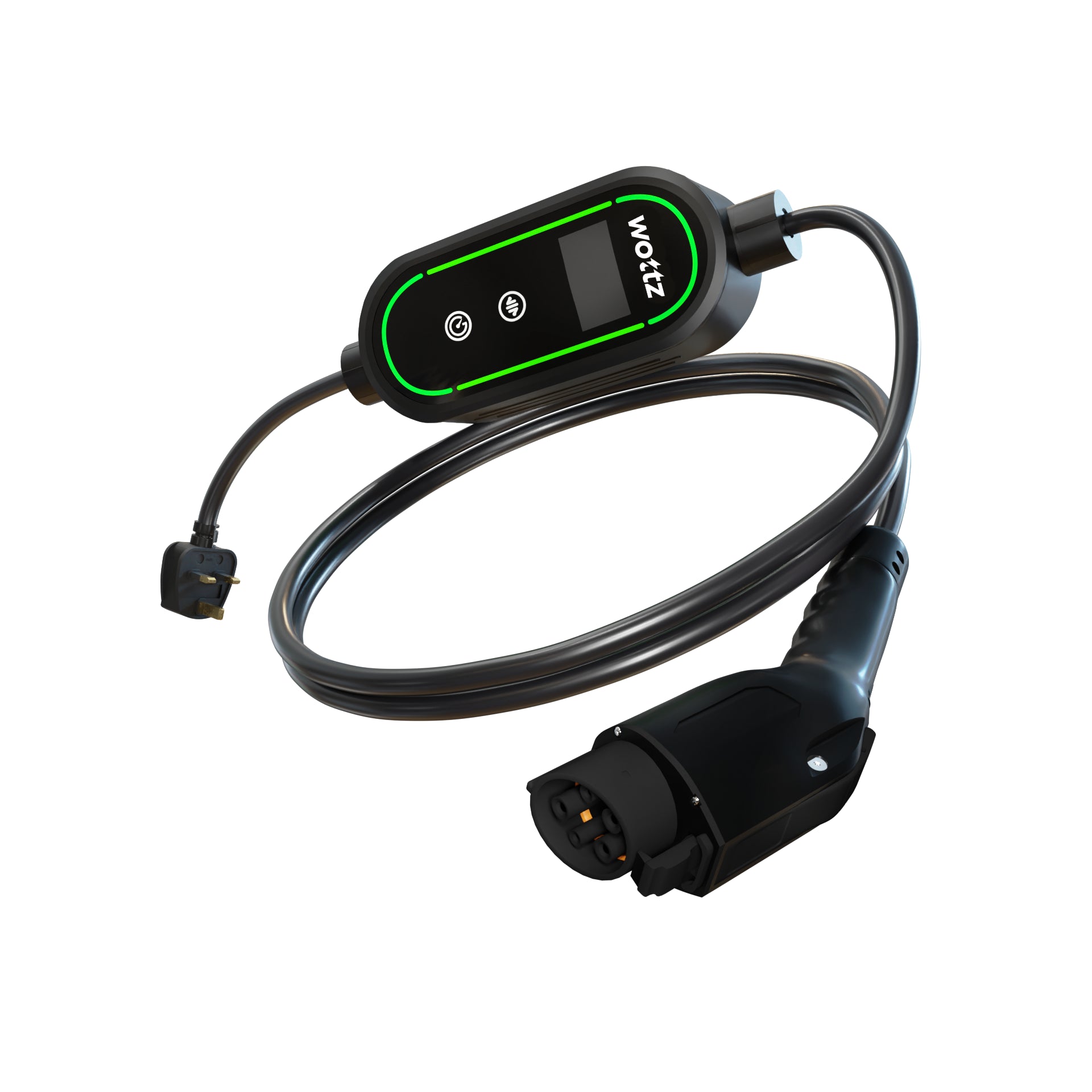 Wottz Type 1 portable EV charger with UK 3-pin 0-5m front view in black
