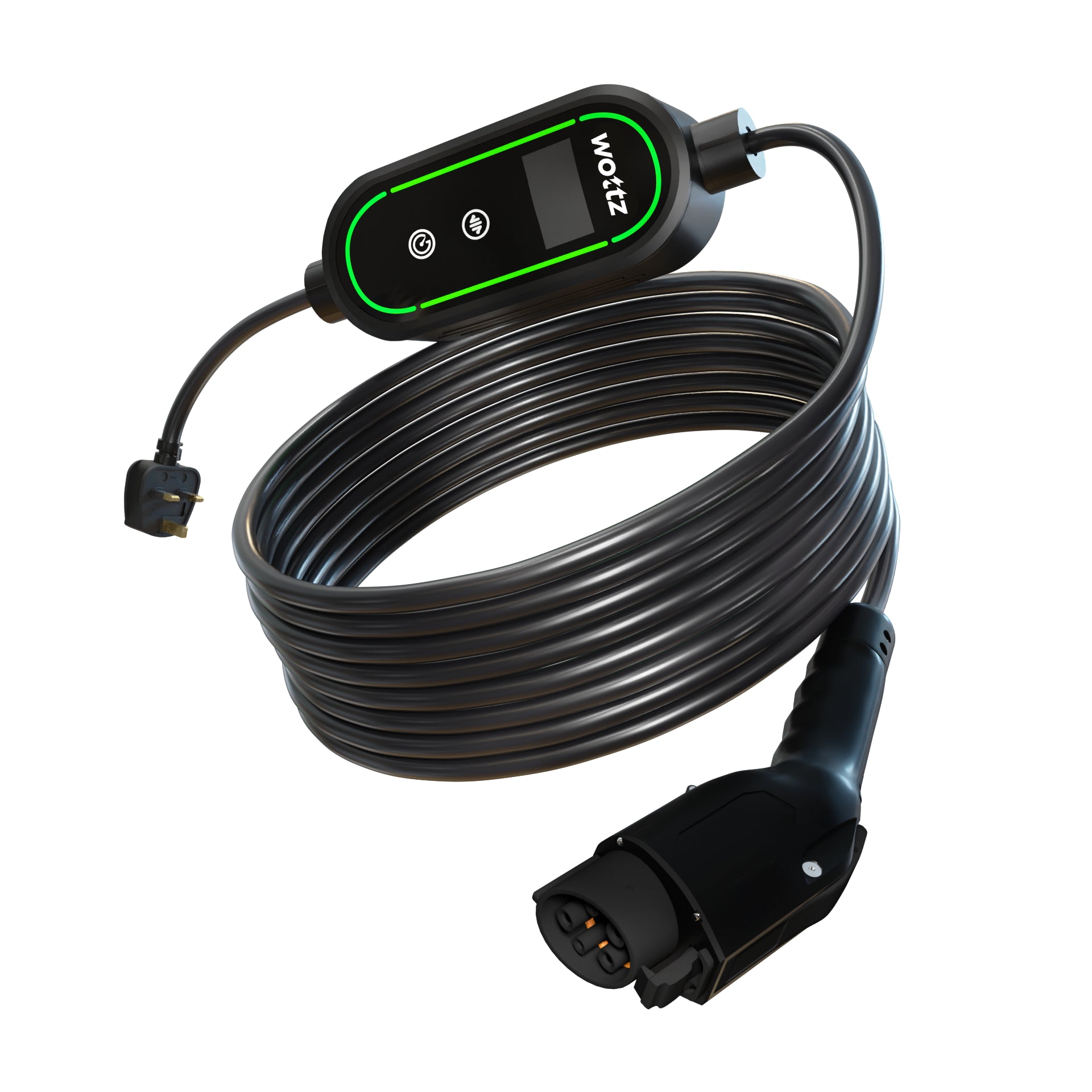 Wottz Type 1 portable EV charger with UK 3-pin 15-30m front view in black