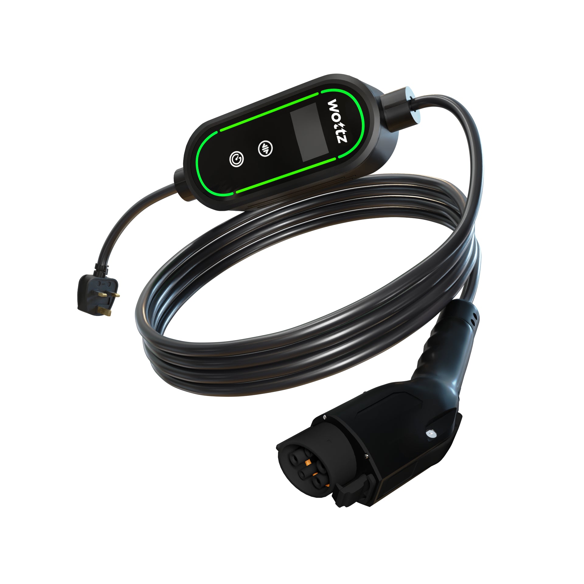 Wottz Type 1 portable EV charger with UK 3-pin 7.5-12.5m front view in black