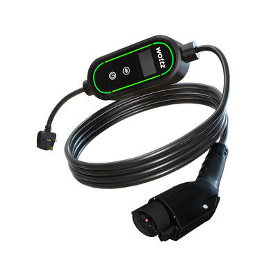 Wottz Type 1 portable EV charger with UK 3-pin 7.5-12.5m front view in black