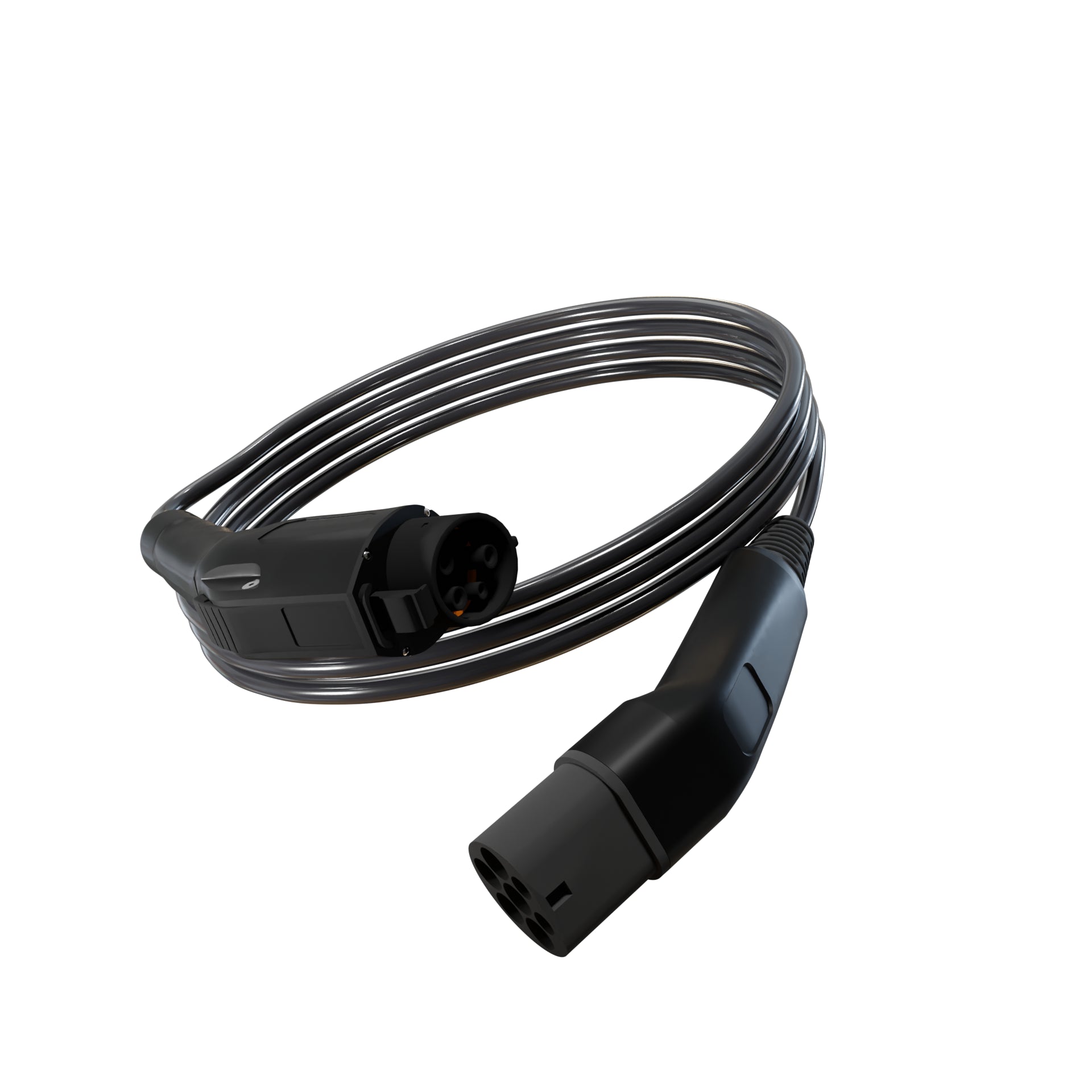 Wottz Type 1 to Type 2 EV charging cable 7kw 0-5m front view in black