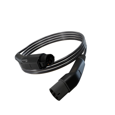 Wottz Type 1 to Type 2 EV charging cable 7kw 0-5m front view in black