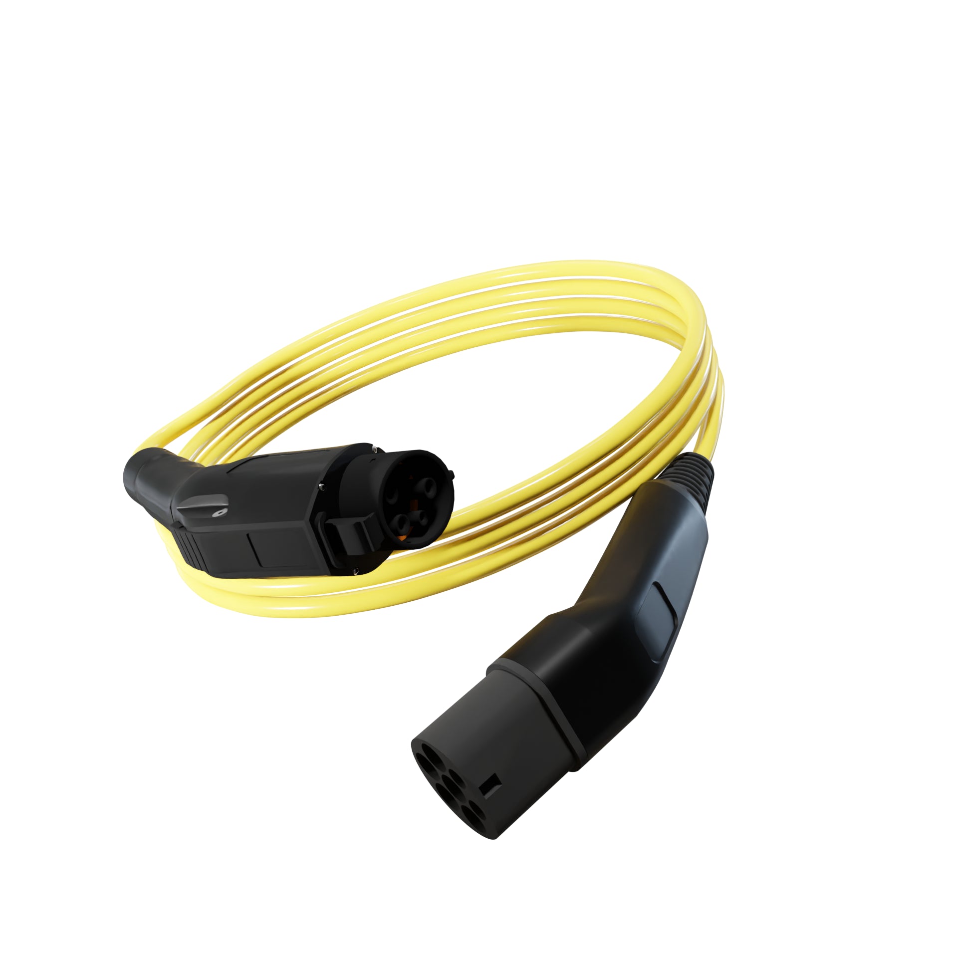 Wottz Type 1 to Type 2 EV charging cable 7kw 0-5m front view in yellow