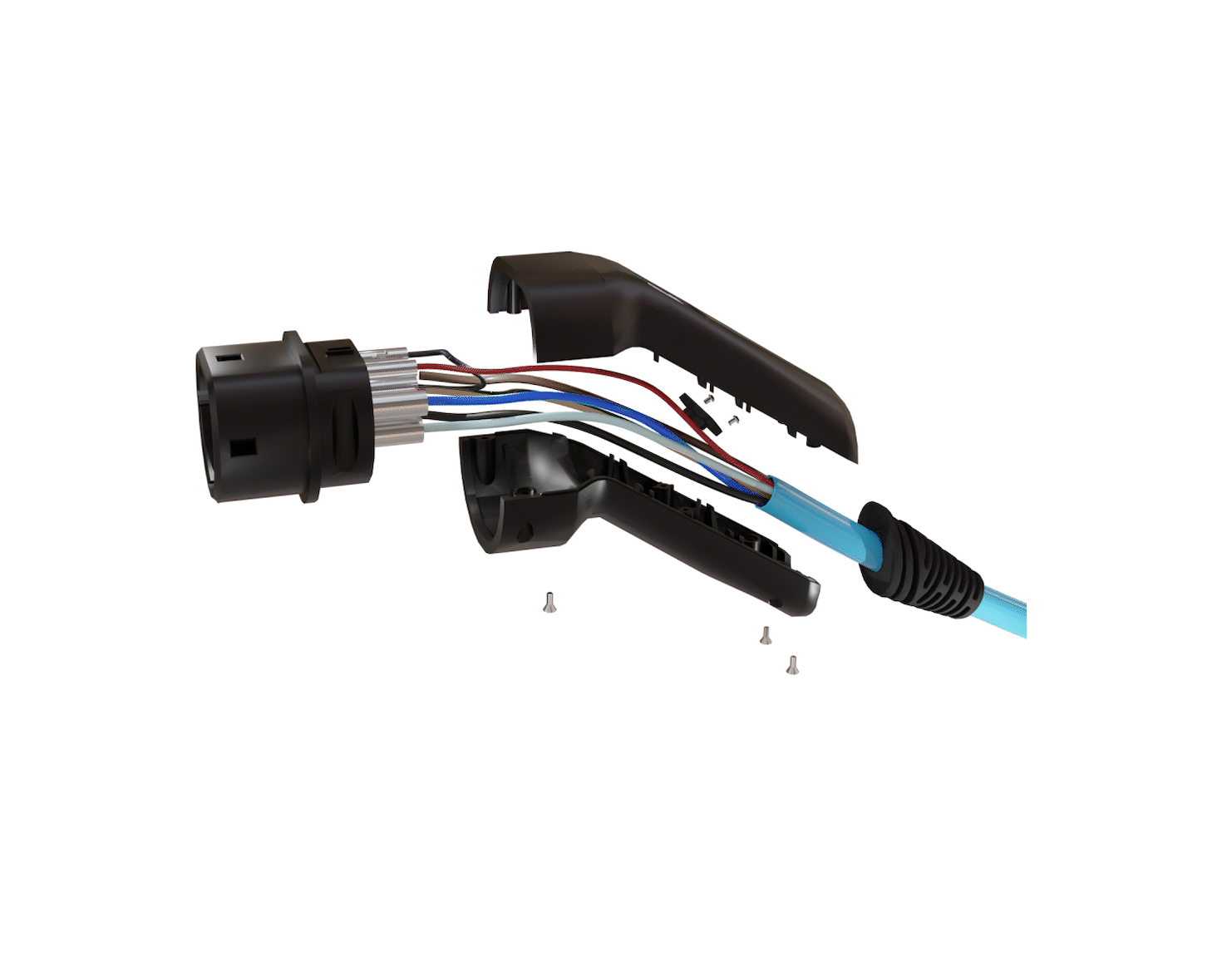 3D exploded render of a Type 2 EV connector showing internal wiring, blue cable, and housing parts