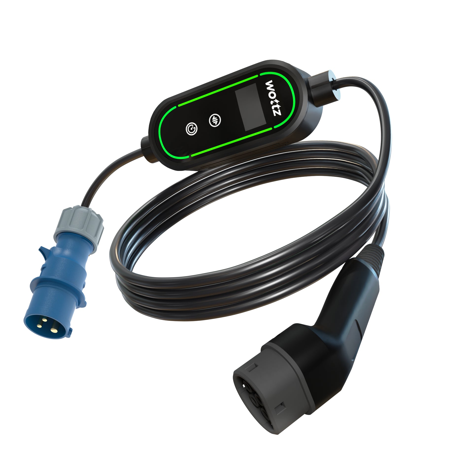 Wottz Type 2 portable EV charger with CEE 32A 7.5-12.5m front view in black