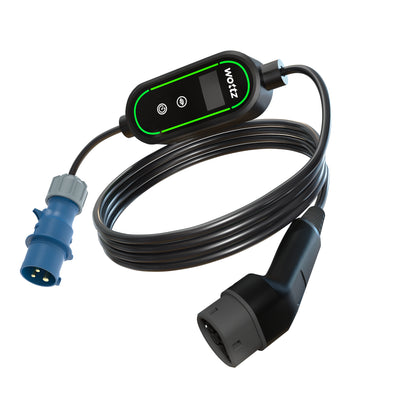Wottz Type 2 portable EV charger with CEE 32A 7.5-12.5m front view in black