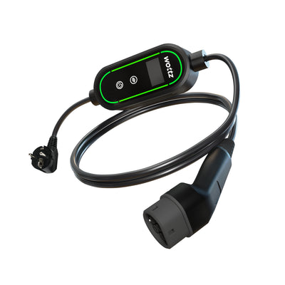 Wottz Type 2 portable EV charger with Schuko 0-5m front view in black