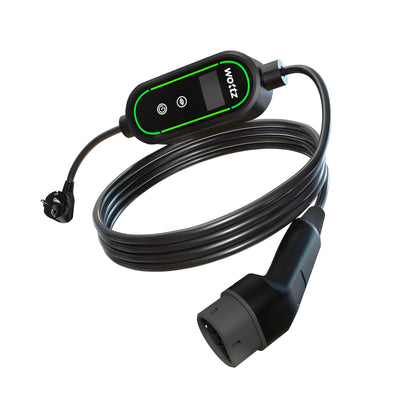 Wottz Type 2 portable EV charger with Schuko 7.5-12.5m front view in black