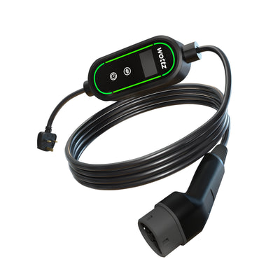 Wottz Type 2 portable EV charger with UK 3-pin 7.5-12.5m front view in black