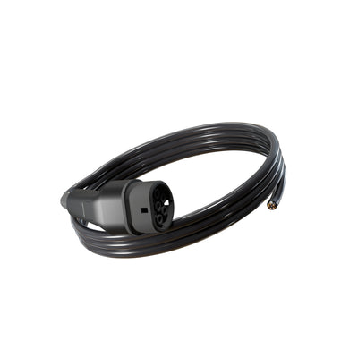 Wottz Type 2 tethered EV charging cable 22kw 0-5m front view in black