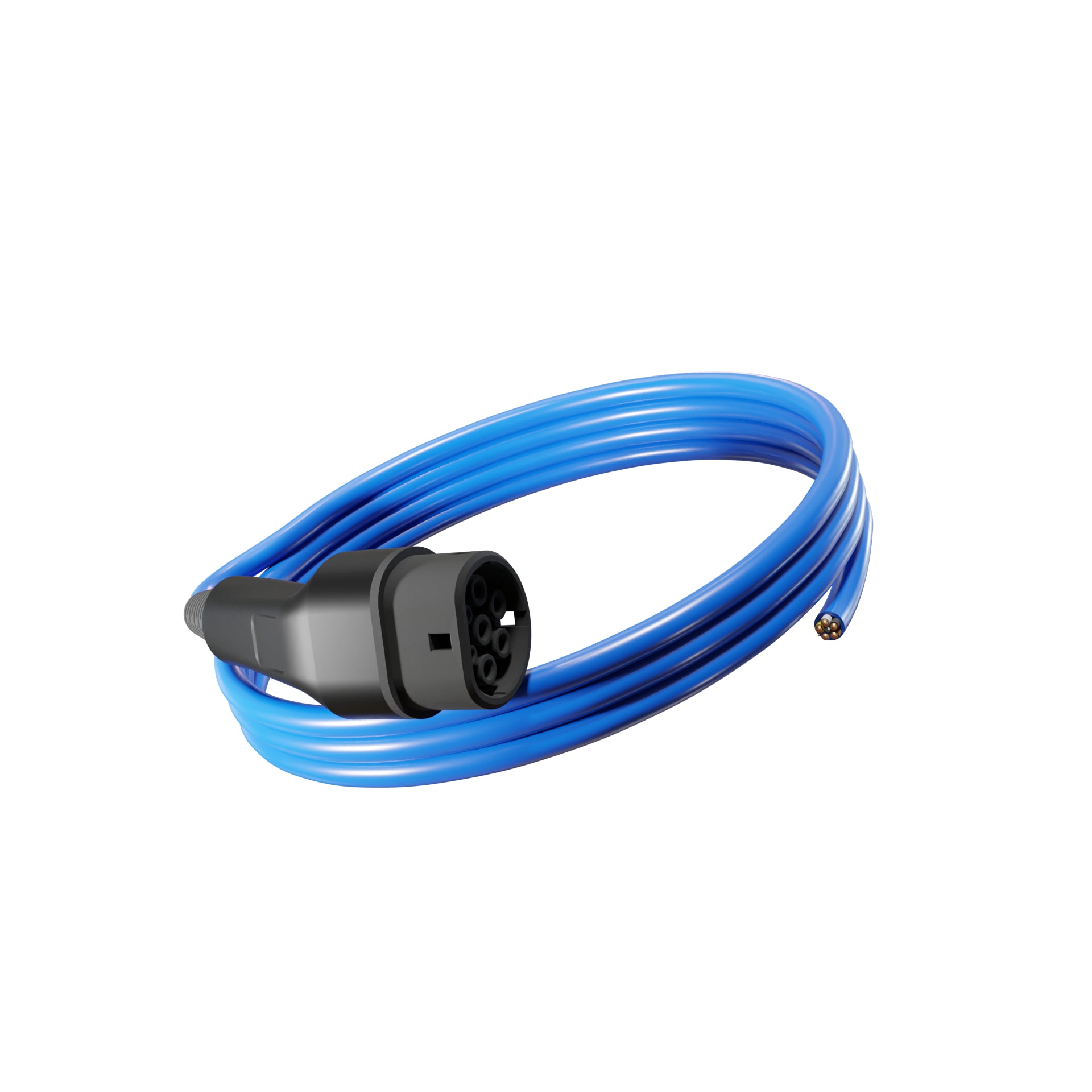 Wottz Type 2 tethered EV charging cable 22kw 0-5m front view in blue