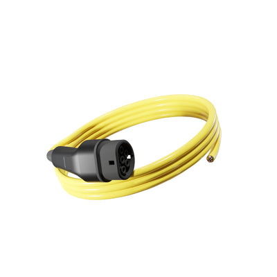 Wottz Type 2 tethered EV charging cable 22kw 0-5m front view in yellow