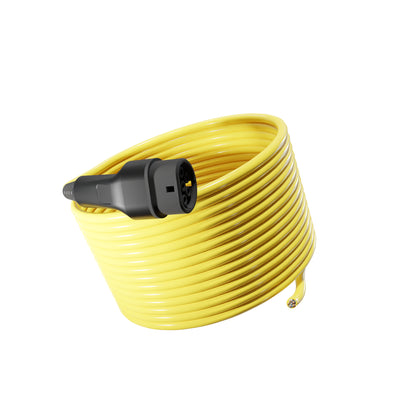Wottz Type 2 tethered EV charging cable 22kw 17.5-50m front view in yellow