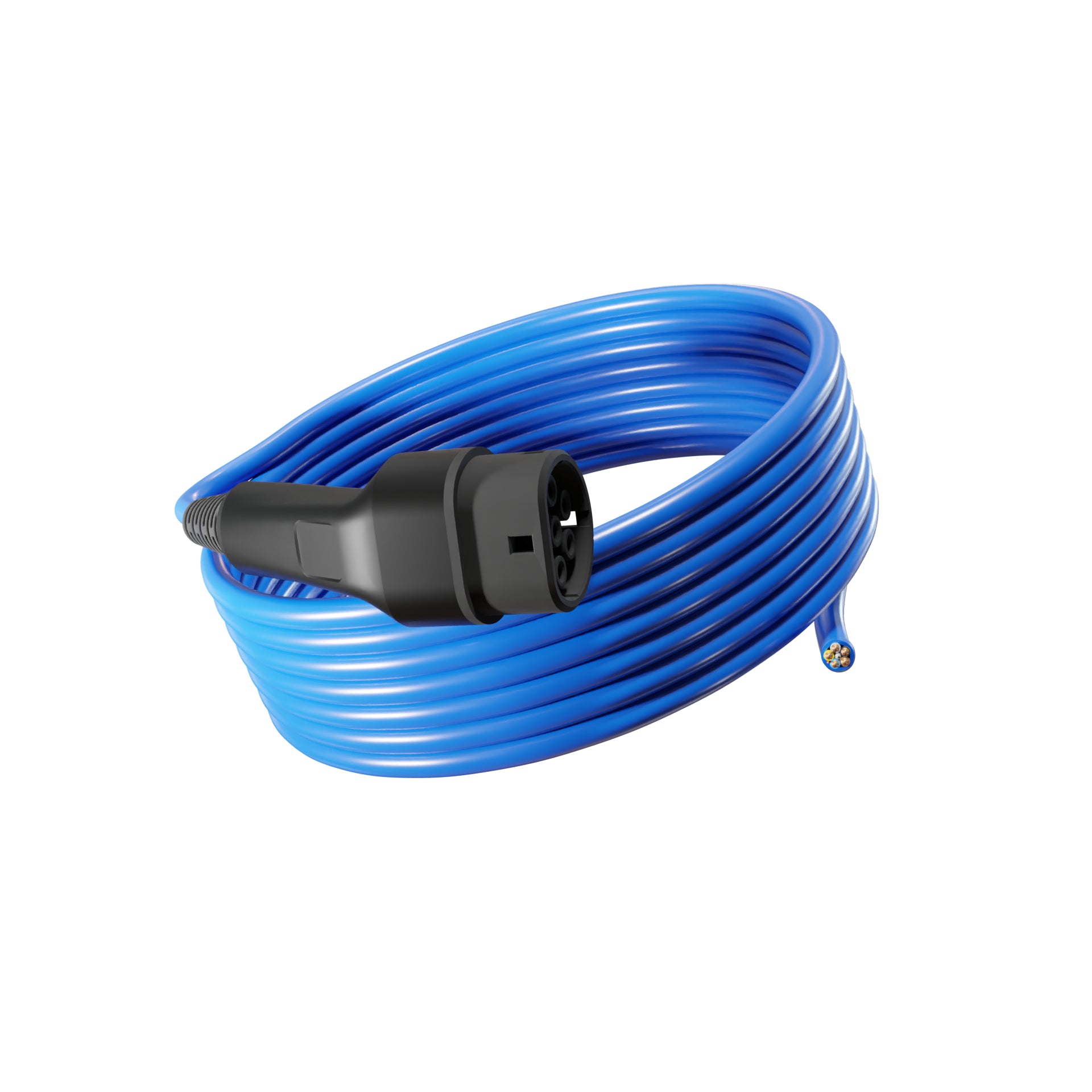 Wottz Type 2 tethered EV charging cable 22kw 7.5-15m front view in blue