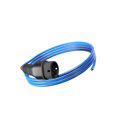Wottz Type 2 tethered EV charging cable 7kw 0-5m front view in blue