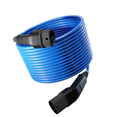 Wottz Type 2 to Type 2 EV charging cable 22kw 17.5-50m front view in blue