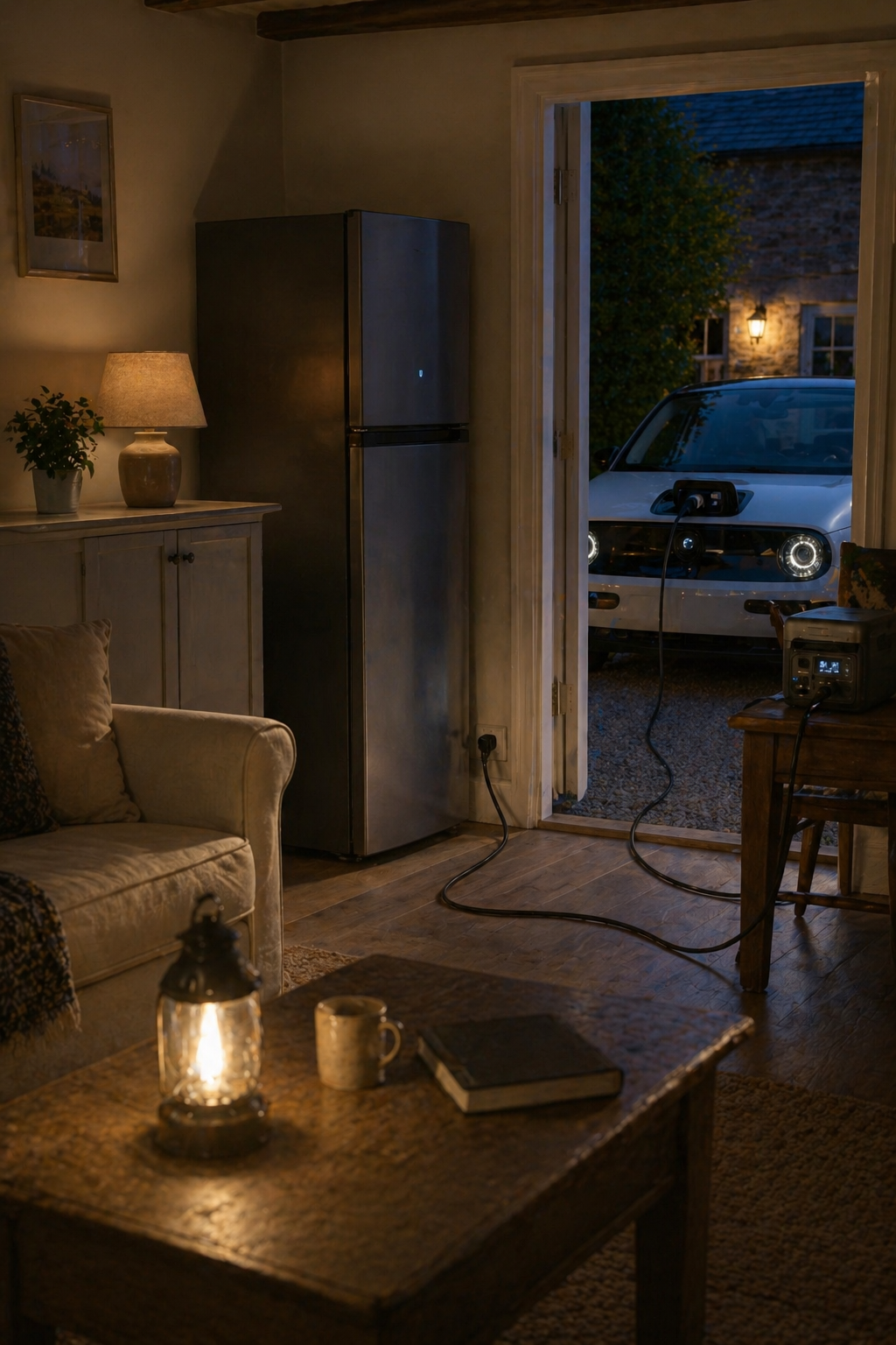 Evening scene showing a Wottz V2L cable running from a Honda e to power a living room inside a cottage