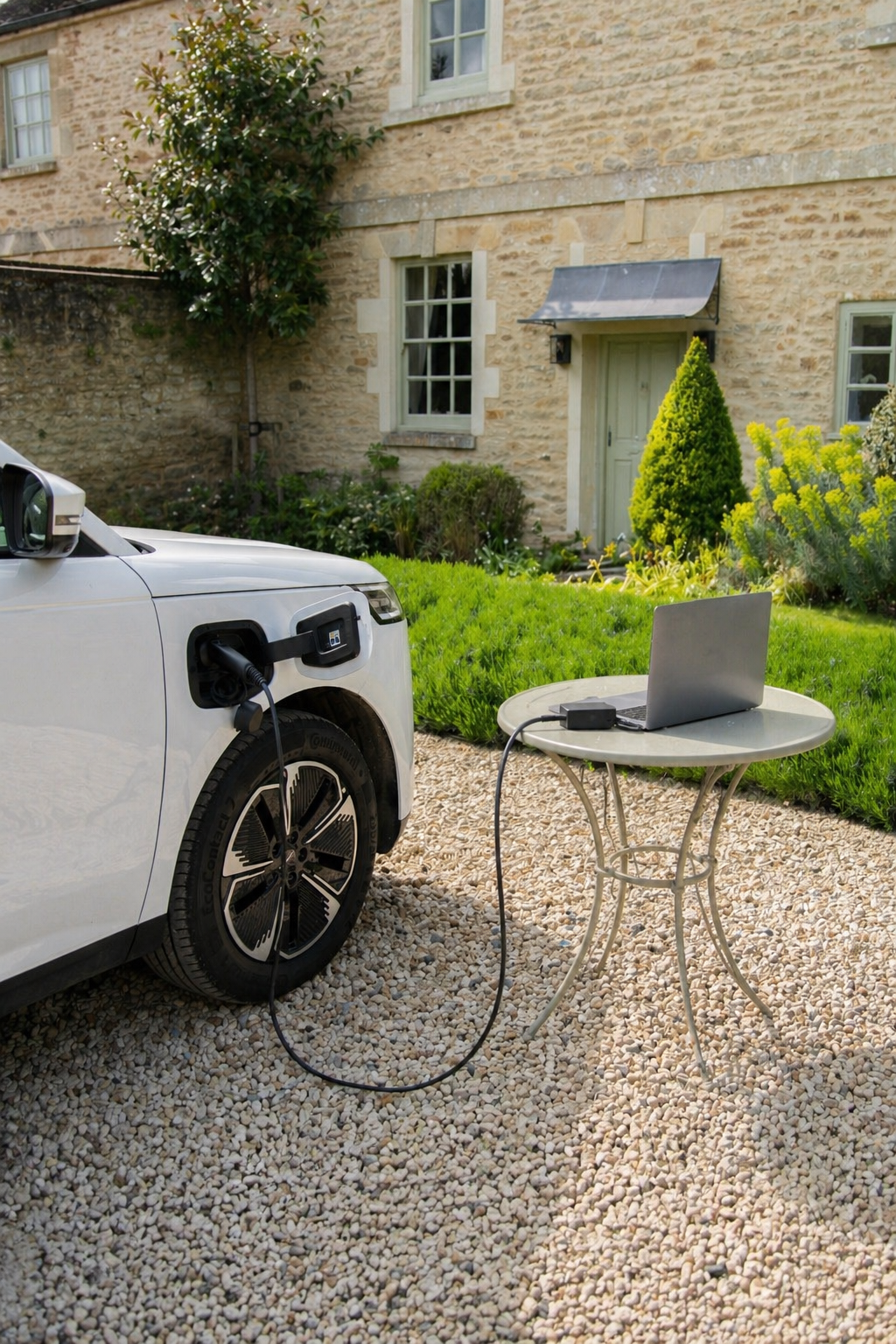 White Jaecoo SUV using a Wottz V2L cable to power a laptop on a garden table at a Cotswolds cottage