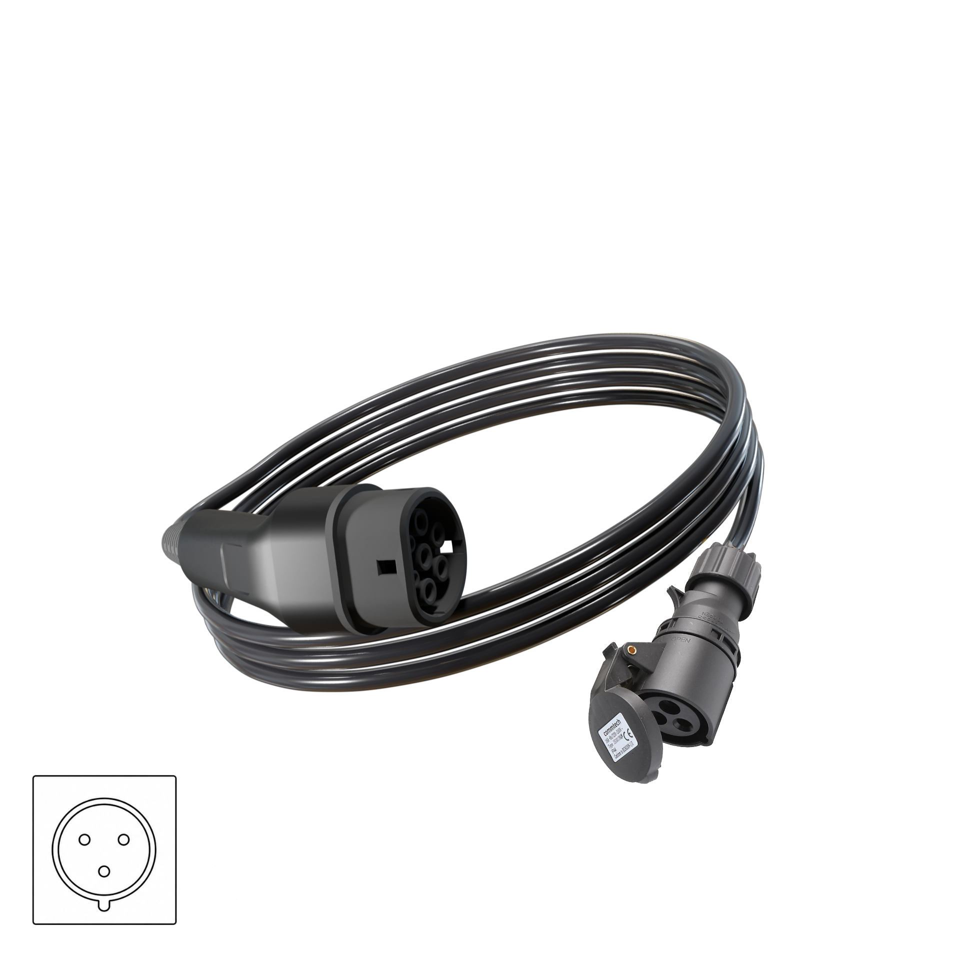 Wottz V2L vehicle to load discharge cable with CEE 16A 0-5m front view in black
