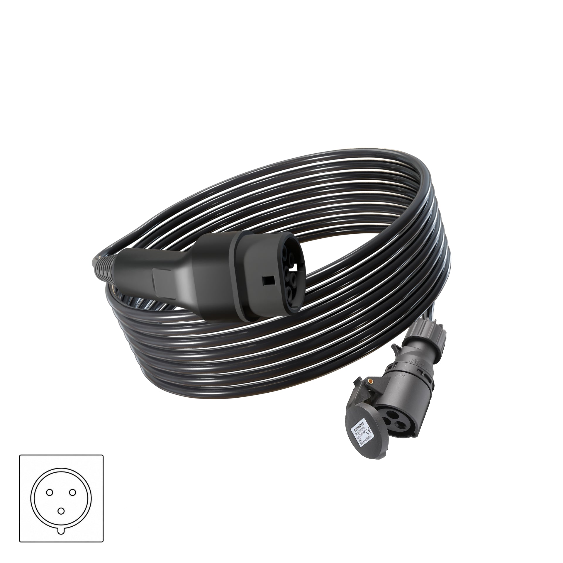 Wottz V2L vehicle to load discharge cable with CEE 16A 7.5-15m front view in black