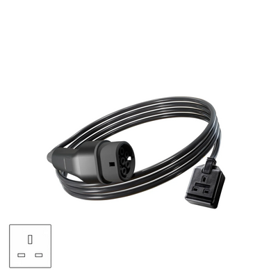 Wottz V2L vehicle to load discharge cable with UK single socket 0-5m front view in black