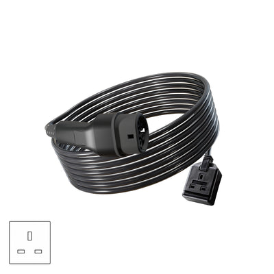 Wottz V2L vehicle to load discharge cable with UK single socket 7.5-15m front view in black