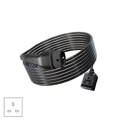 Wottz V2L vehicle to load discharge cable with UK single socket 7.5-15m front view in black