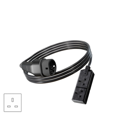 Wottz V2L vehicle to load discharge cable with UK double socket 0-5m front view in black