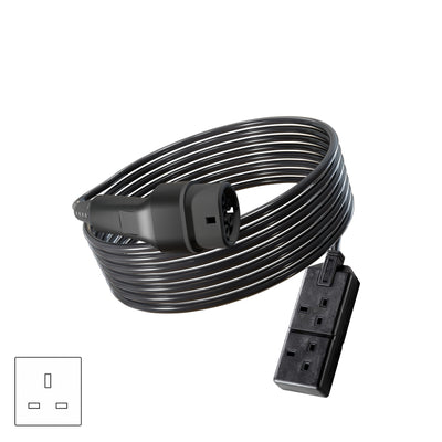 Wottz V2L vehicle to load discharge cable with UK double socket 7.5-15m front view in black